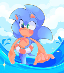 Size: 1234x1417 | Tagged: safe, artist:justashedd, sonic the hedgehog, hedgehog, 2025, abstract background, blushing, frown, gloves off, looking offscreen, outline, scar, solo, sparkles, standing, swimming tube, water