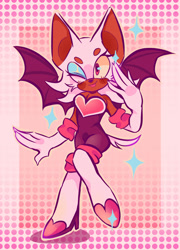 Size: 1167x1620 | Tagged: safe, artist:justashedd, rouge the bat, bat, 2024, abstract background, alternate eye color, beanbrows, blushing, brown eyes, cleavage, dark skin, eyelashes, looking offscreen, smile, solo, sparkles, standing, standing on one leg, wink, yellow sclera