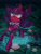 Size: 1093x1436 | Tagged: safe, artist:justashedd, shadow the hedgehog, hedgehog, 2024, abstract background, chest fluff, dark skin, flower, frown, gloves off, hand on chest, lidded eyes, lily (flower), lilypad, looking up, nighttime, one fang, outdoors, sitting, solo, water, waterlily