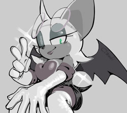 Size: 1061x951 | Tagged: safe, artist:irregularcloudi, rouge the bat, bat, 2025, eyewear on head, green eyes, grey background, greyscale, lidded eyes, looking at viewer, monochrome, signature, simple background, sitting, smile, smiling at viewer, solo, sparkles, spot color, sunglasses, v sign, wink