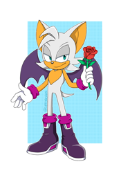 Size: 1578x2254 | Tagged: safe, artist:wait0chan, artist:waitochan, rouge the bat, bat, 2025, alternate outfit, flower, gender swap, holding something, lidded eyes, looking at viewer, outline, rose, smile, solo, standing