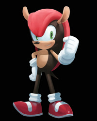 Size: 1600x2000 | Tagged: safe, artist:rosvosektori, mighty the armadillo, 2022, alternate eye color, black background, clenched fists, faux 3d, green eyes, hand on hip, lineless, looking at viewer, red shoes, simple background, smile, smiling at viewer, solo, tapping foot