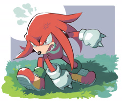 Size: 1830x1530 | Tagged: safe, artist:rosvosektori, knuckles the echidna, 2022, angry, clenched fists, cross popping vein, fangs, flower, grass, looking offscreen, solo, standing, stomping
