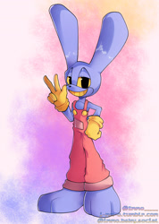 Size: 2048x2877 | Tagged: safe, artist:i-mm-o, artist:immo_____, rabbit, 2024, barefoot, barely sonic related, clothes, crossover, gloves, gradient background, hand on hip, jax (the amazing digital circus), lidded eyes, mobianified, overalls, paws, smile, solo, standing, the amazing digital circus, v sign, yellow gloves, yellow sclera, yellow teeth
