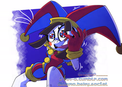 Size: 2048x1456 | Tagged: safe, artist:immo_____, frog, 2024, barely sonic related, crossover, hands on own face, looking offscreen, mobianified, mouth open, panicking, pomni (the amazing digital circus), solo, standing, the amazing digital circus