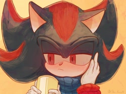 Size: 2048x1536 | Tagged: safe, artist:slow_footed8, shadow the hedgehog, 2025, cup, duo, hand on another's face, holding something, lidded eyes, simple background, solo focus, yellow background