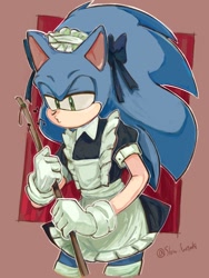Size: 768x1024 | Tagged: safe, artist:slow_footed8, sonic the hedgehog, brown background, crossdressing, dress, holding something, maid outfit, musical notes, simple background, solo, standing