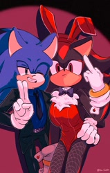 Size: 1338x2099 | Tagged: safe, artist:slow_footed8, shadow the hedgehog, sonic the hedgehog, alternate outfit, bunny girl outfit, crossdressing, duo, gay, hand on another's hip, looking at viewer, middle finger, shadow x sonic, shipping, smile, standing, suit, wink