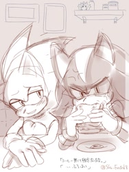 Size: 768x1024 | Tagged: safe, artist:slow_footed8, shadow the hedgehog, sonic the hedgehog, 2025, duo, eating, food, japanese text, looking at them, monochrome