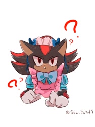 Size: 768x1024 | Tagged: safe, artist:slow_footed8, shadow the hedgehog, 2025, crossdressing, question mark, simple background, solo, white background