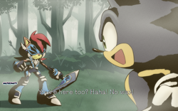 Size: 1600x1000 | Tagged: safe, artist:risziarts, sally acorn, sonic the hedgehog, chipmunk, hedgehog, sonic and the black knight, 2023, duo, forest, knight armor, sally x sonic, shipping, sir guinevere, straight, weapon