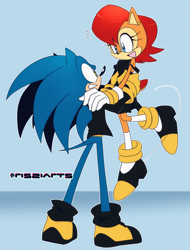 Size: 1440x1891 | Tagged: safe, artist:risziarts, sally acorn, sonic the hedgehog, chipmunk, hedgehog, 2025, alternate outfit, duo, happy, new years, picking them up, sally x sonic, shipping, straight