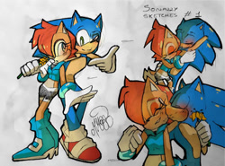 Size: 1024x758 | Tagged: safe, artist:mercy203, sally acorn, sonic the hedgehog, chipmunk, hedgehog, 2024, duo, flower, kiss, kiss on cheek, lying on them, pose, sally x sonic, sally's ringblader outfit, shipping, sketch, straight