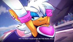 Size: 2048x1186 | Tagged: safe, artist:nikkikaji, rouge the bat, bat, 2025, abstract background, clouds, dialogue, english text, fake screenshot, gender swap, one eye closed, one fang, smile, solo, stretching, subtitles, talking, talking to viewer, text