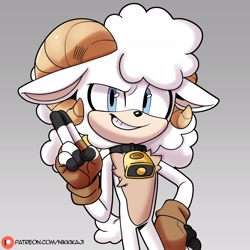 Size: 2048x2048 | Tagged: safe, artist:nikkikaji, lanolin the sheep, sheep, 2025, alternate outfit, bell, brown gloves, chest fluff, collar, fingerless gloves, gender swap, gloves, grey background, hand on hip, looking at viewer, simple background, smile, smiling at viewer, solo, standing