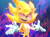 Size: 900x668 | Tagged: safe, artist:skeleion, sonic the hedgehog, hedgehog, 2019, claws, fangs, fleetway, fleetway super sonic, looking offscreen, mouth open, open smile, shrugging, smile, solo, sparkles, super form, torn gloves