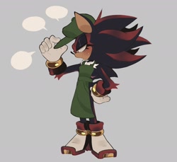 Size: 1538x1408 | Tagged: safe, artist:dirtyteeths, shadow the hedgehog, hedgehog, 2023, arm fluff, blushing, eyelashes, grey background, hand on hip, lidded eyes, looking offscreen, mouth open, scar, side view, simple background, solo, speech bubble, standing, sweatdrop, textless version, top surgery scars, trans boy shadow, trans male, transgender