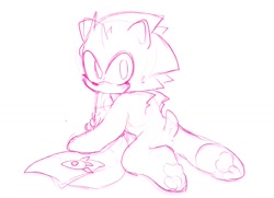 Size: 1701x1232 | Tagged: safe, artist:dirtyteeths, sonic the hedgehog, hedgehog, 2022, aged down, all fours, baby, baby sonic, barefoot, blanket, blushing, cute, eyelashes, line art, looking at viewer, looking back, looking back at viewer, monochrome, mouth hold, pawpads, paws, simple background, solo, sonabetes, white background