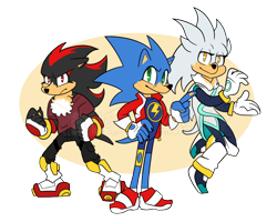 Size: 1000x800 | Tagged: safe, artist:squishy-lombax, shadow the hedgehog, silver the hedgehog, sonic the hedgehog, hedgehog, 2024, clothes, fighting pose, floating, fully clothed, male, pose, trio, watermark