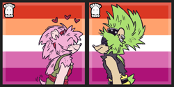 Size: 1269x637 | Tagged: safe, artist:graves-yard, amy rose, surge the tenrec, 2025, anonymous editor, crack shipping, cute, duo, edit, flat colors, heart, icon, lesbian, lesbian amy, lesbian pride, lesbian surge, pride, shipping, stitched, surgamy
