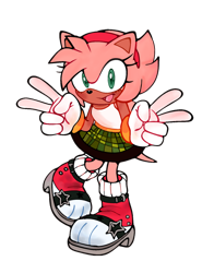Size: 1000x1275 | Tagged: safe, artist:emenens, amy rose, 2025, blushing, boots, clothes, dark skin, double v sign, flat colors, redesign, redraw, simple background, skirt, smile, smiling at viewer, solo, star (symbol), tank top, transparent background, v sign