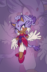 Size: 1343x2048 | Tagged: safe, artist:hasuuky, blaze the cat, 2025, alternate hairstyle, alternate outfit, cheek fluff, dark skin, echo background, fangs, frown, fur markings, looking at viewer, redesign, redraw, solo