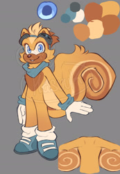 Size: 1417x2048 | Tagged: safe, artist:hasuuky, ray the flying squirrel, 2025, alternate hairstyle, blue shoes, buck teeth, chest fluff, color palette, dark skin, freckles, gloves, goggles, goggles on head, grey background, hair, looking at viewer, redesign, reference sheet, scarf, shoes, simple background, smile, smiling at viewer, solo, tail fluff