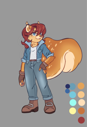 Size: 1401x2048 | Tagged: safe, artist:hasuuky, sally acorn, 2025, alternate outfit, belt, boots, buck teeth, chest fluff, clothes, color palette, denim, denim jacket, denim jeans, ear fluff, fingerless gloves, fully clothed, fur markings, gloves, grey background, hair, hand on hip, jacket, jeans, looking at viewer, pants, redesign, shirt, simple background, smile, smiling at viewer, solo