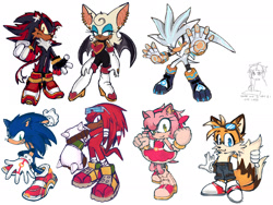 Size: 2048x1536 | Tagged: safe, artist:solfinite, amy rose, knuckles the echidna, miles "tails" prower, rouge the bat, shadow the hedgehog, silver the hedgehog, sonic the hedgehog, 2025, cheek fluff, clothes, dark skin, ear fluff, ear piercing, earring, edit, english text, eyewear on head, fingerless gloves, frown, fur markings, goggles, goggles on head, group, heterochromia, long tail, redesign, shorts, simple background, smile, sunglasses, text, whiskers, white background, yellow sclera