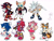 Size: 2048x1536 | Tagged: safe, artist:solfinite, amy rose, knuckles the echidna, miles "tails" prower, rouge the bat, shadow the hedgehog, silver the hedgehog, sonic the hedgehog, bat, echidna, fox, hedgehog, 2025, cheek fluff, clothes, dark skin, ear fluff, ear piercing, earring, edit, english text, eyewear on head, fingerless gloves, frown, fur markings, goggles, goggles on head, group, heterochromia, long tail, redesign, shorts, simple background, smile, sunglasses, text, whiskers, white background, yellow sclera