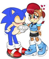 Size: 1974x2338 | Tagged: safe, artist:classicsonicsatam, sally acorn, sonic the hedgehog, chipmunk, hedgehog, 2024, duo, heart, kiss, kiss on hand, sally x sonic, sally's ringblader outfit, shipping, straight, white background
