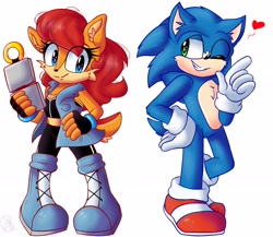 Size: 2300x2000 | Tagged: safe, artist:yoshiyoshi700, nicole the handheld, sally acorn, sonic the hedgehog, chipmunk, hedgehog, 2022, duo, heart, movie style, pose, redesign, sally x sonic, sally's ringblader outfit, shipping, straight, white background