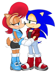 Size: 2338x3000 | Tagged: safe, artist:classicsonicsatam, sally acorn, sonic the hedgehog, chipmunk, hedgehog, 2024, clothes, duo, fully clothed, looking at each other, pants, sally x sonic, sally's ringblader outfit, shipping, shirt, straight, t-shirt, white background