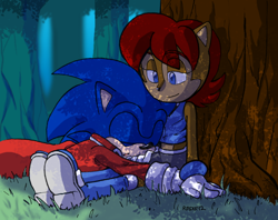 Size: 708x560 | Tagged: safe, artist:general-radix, sally acorn, sonic the hedgehog, chipmunk, hedgehog, 2012, clothes, duo, forest, sally x sonic, sally's ringblader outfit, shadow (lighting), shipping, sleeping, straight, tree, under a tree