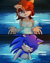 Size: 1013x1280 | Tagged: safe, artist:erik.afton, sally acorn, sonic the hedgehog, chipmunk, hedgehog, 2025, chainsaw man, crossover, duo, i teach you everything, meme, redraw, sally x sonic, shipping, straight