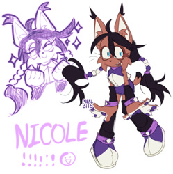 Size: 1494x1497 | Tagged: safe, artist:mealbits, nicole the hololynx, 2023, character name, cute, ear fluff, exclamation mark, eyelashes, grey background, hololynx, nicabetes, pawpads, signature, simple background, solo, sparkles, text