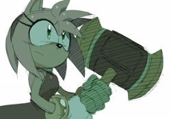 Size: 2048x1427 | Tagged: safe, artist:chronocrump, amy rose, hedgehog, 2025, eyelashes, frown, holding something, looking offscreen, piko piko hammer, simple background, sketch, solo, standing, white background