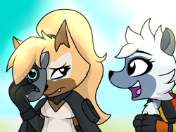 Size: 4000x3000 | Tagged: safe, artist:dazed-and-wandering, tangle the lemur, whisper the wolf, lemur, wolf, 2020, duo, frown, gradient background, looking at each other, smile, standing