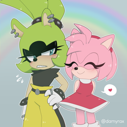 Size: 2500x2500 | Tagged: safe, artist:xdamyrax, amy rose, surge the tenrec, hedgehog, tenrec, 2022, blushing, crack shipping, duo, hand on hip, heart, lesbian, lesbian amy, lesbian surge, looking at them, outline, rainbow, shipping, smile, standing, surgamy