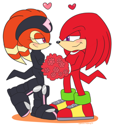 Size: 2020x2262 | Tagged: safe, artist:domestic maid, knuckles the echidna, shade the echidna, echidna, 2018, bouquet, duo, eyelashes, flower, flower bouquet, heart, knuckles x shade, lidded eyes, looking at each other, shipping, side view, simple background, smile, smiling at viewer, straight, white background
