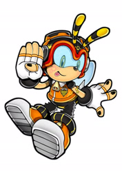 Size: 1449x2048 | Tagged: safe, editor:snazzy-sun, charmy bee, bee, 2025, bandaid, blue sclera, edit, fingerless gloves, fur markings, gloves, leg fluff, painted fingernails, redesign, simple background, solo, tongue out, white background