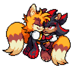 Size: 300x270 | Tagged: safe, artist:shadails, miles "tails" prower, shadow the hedgehog, 2025, aged up, barefoot, cheek fluff, cute, duo, ear fluff, fur markings, gay, hugging, paws, pixel art, shadow x tails, shadowbetes, shipping, simple background, sprite, tailabetes, transparent background