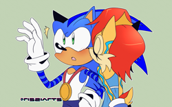 Size: 1709x1068 | Tagged: safe, artist:risziarts, sally acorn, sonic the hedgehog, chipmunk, hedgehog, alternate outfit, au:sonic world travel, blue power pattern, blushing, celebration, cyan power pattern, date, kiss, kiss on cheek, medal, sally x sonic, shipping, straight