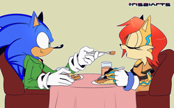 Size: 1709x1068 | Tagged: safe, artist:risziarts, sally acorn, sonic the hedgehog, chipmunk, hedgehog, alternate outfit, au:sonic world travel, blue power pattern, celebration, chair, cyan power pattern, date, dinner, food, sally x sonic, shipping, straight, table