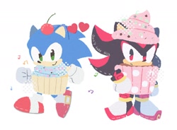 Size: 1730x1276 | Tagged: safe, artist:neku_646611, shadow the hedgehog, sonic the hedgehog, 2025, chibi, costume, cupcake, cute, duo, food, heart, looking at viewer, shadowbetes, simple background, smile, sonabetes, standing, white background