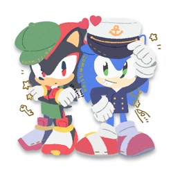 Size: 1087x1080 | Tagged: safe, artist:neku_646611, shadow the hedgehog, sonic the hedgehog, the murder of sonic the hedgehog, 2025, commission, duo, heart, simple background, smile, standing, white background
