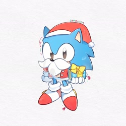 Size: 2048x2048 | Tagged: safe, artist:neku_646611, sonic the hedgehog, 2025, classic sonic, commission, cute, gift box, holding something, looking at viewer, present, santa hat, santa outfit, simple background, solo, standing, white background