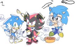 Size: 1642x1012 | Tagged: safe, artist:neku_646611, nicky, shadow the hedgehog, sonic the hedgehog, 2025, alternate outfit, chili dog, food, horns, simple background, sonic the hedgehog (shogakukan), trio, white background, wings