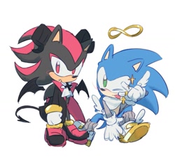 Size: 1567x1429 | Tagged: safe, artist:neku_646611, shadow the hedgehog, sonic the hedgehog, 2025, alternate outfit, duo, simple background, sitting, smile, standing, white background, wings