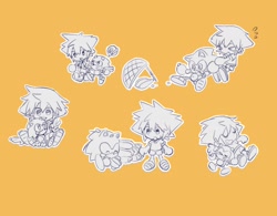 Size: 1834x1432 | Tagged: safe, artist:neku_646611, human, 2025, chili dog, crossover, duo, eating, food, kingdom hearts, looking at each other, looking at them, monochrome, simple background, sitting, smile, sora (kingdom hearts)